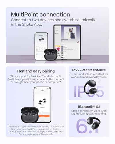 SHOKZ OpenDots Air Open-Ear Clip-On Bluetooth Earbuds, Black, Touch Control | Bluetooth 6.1, 36 hours. Battery, IP55, deep bass, clear calls, secure fit, work and sports - color: Black