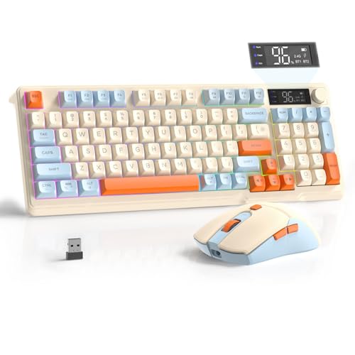 FREEWOLF T96 Smart Display Wireless Gaming Keyboard and Mouse Comb, 94Key LED Lighting Rechargeable Silent Membrane Keyboard with Knobs, 2000mAh Battery, 6-Button 4KDPI Mouse for Win/Mac(Blueberry) - color: Blueberry