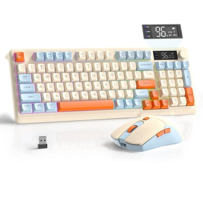FREEWOLF T96 Smart Display Wireless Gaming Keyboard and Mouse Comb, 94Key LED Lighting Rechargeable Silent Membrane Keyboard with Knobs, 2000mAh Battery, 6-Button 4KDPI Mouse for Win/Mac(Blueberry) - color: Blueberry