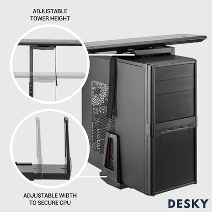 Desky Sliding CPU Mount – Under Desk Adjustable PC Holder with 360° Swivel & Slide Track, Fits Most Towers, Space-Saving Steel Bracket with Padding for Office or Gaming Setup – Black