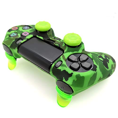 Silicone Skin Cover for Ps4 Controller (1pc Anti-Slip Case, 1 Pair L2 R2 Trigger Extender, 4pcs Thumb Grips,4pcs LED Light Bar Decal) Protector for DualShock PS4/ Slim/Pro Controller (Green camouflag) - color: Green camouflag