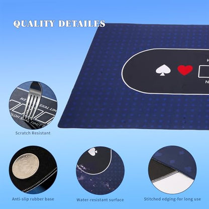 Poker Table Top Mat 70"x35" Blackjack Poker Mat with Non Slip Rubber Backing and Carry Bag for Home Poker Card Game Night Up to 10 Players (Blue) - color: Blue