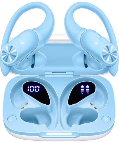 PocBuds Bluetooth Headphones Wireless Earbuds 80hrs Playtime Wireless Charging Case Digital Display Sports Ear Buds with Earhook Deep Bass IPX7 Waterproof Over-Ear Earphones for TV Phone Laptop Blue - color: Blue, style: Standard