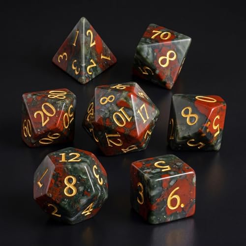 Natural African Bloodstone Dice Set, 7-Piece Hand-Carved Gemstone Polyhedral Dice for Dungeons & Dragons (D&D), Pathfinder, MTG, Tabletop RPG Gaming, Heavy Stone Dice with Gold Numbers (Bloodstone) - color: Bloodstone