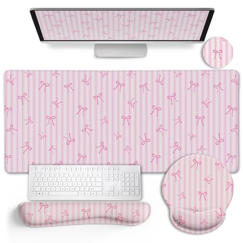 LIMKRIAN Pink Striped Mouse Pad Desk Mat Set, Cute Back to School Supplies | Ergonomic Wrist Rest Mouse Pad, Wrist Support Keyboard Mat, Coaster, Mousepad for Computer Office Desk Decor Accessories - color: Bow Pink Stripes