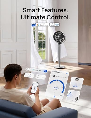 DREO Smart Fan for Bedroom, 110ft Pedestal Fan with DC Motor, 150°+120° Omni-Directional Oscillation, Quiet Floor Fan with Smart Control, 9 Speeds, 6 Modes, 43'' Inches, 12H Timer, Wi-Fi/Voice/Alexa - color: Silver