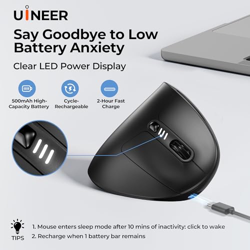 Uineer Vertical Ergonomic Mouse, Wireless Bluetooth Mouse, 3-Device | Switch among 3 devices via dual Bluetooth and 2.4G; rechargeable with 7-color ambient lighting.