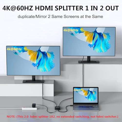 4K@60Hz 1x2 HDMI Splitter 4:4:4,18 Gbps,2 Port Powered HDMI 2.0 Splitter 1 in 2 Out Support Dual Monitors,Only Duplication/Mirror Screens (Not Extend) for HDTV/PS5 - size: 4K@60Hz 1x2 splitter