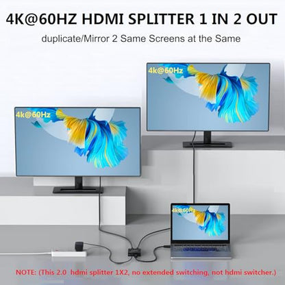 4K@60Hz 1x2 HDMI Splitter 4:4:4,18 Gbps,2 Port Powered HDMI 2.0 Splitter 1 in 2 Out Support Dual Monitors,Only Duplication/Mirror Screens (Not Extend) for HDTV/PS5 - size: 4K@60Hz 1x2 splitter