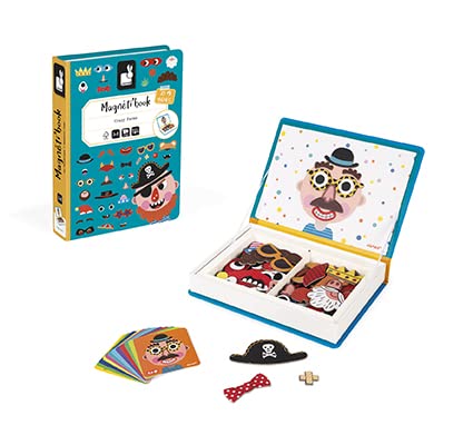 Janod - Magnetibook 83 Pc Magnetic Boy Crazy Face Dress Up Game - Decorating Fridge with Magnetic Letters - Enhances Creativity and Learning - Boosts Self-Confidence - Portable and Easy Storage | Enhances Creativity and Learning - Boosts Self-Confidence -