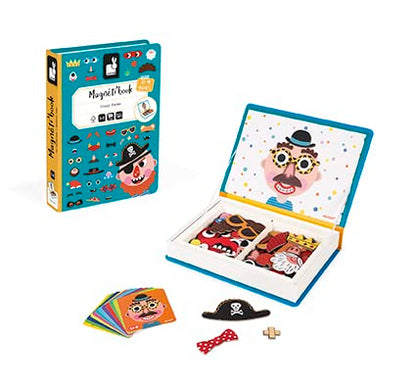 Janod - Magnetibook 83 Pc Magnetic Boy Crazy Face Dress Up Game - Decorating Fridge with Magnetic Letters - Enhances Creativity and Learning - Boosts Self-Confidence - Portable and Easy Storage | Enhances Creativity and Learning - Boosts Self-Confidence -