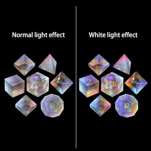 LUCKY-M Prism Glass Rainbow DND Dice Set, Dungeons and Dragons Unique Dice Set RPG Transparent Dice D&D Sets, D20 D12 D10 D00 D8 D6 D4 Cool D and D Dice - color: 5.frosted Rainbow Gold Number