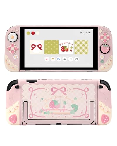 GeekShare Strawberries with Cream Case Compatible with Switch 2, Slim Separable Soft Silicone Protective Shell with 2 Thumb Grip Caps -- Pink - color: Pink Strawberries, size: For Switch 2
