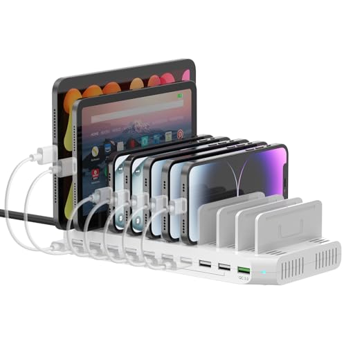 Multiple Device USB Charging Station, 10 Ports Charging Station for Multiple Devices, USB Charging Dock with Adjustable Dividers Compatible with Tablets, Smartphones-60W - color: Ivory