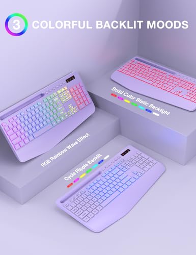 Wireless Keyboard and Mouse Combo, 9 Backlit Effects, RGB, 2.4GHz | Ergonomic Wrist Rest, Phone Holder, Rechargeable, Full Size, KM22 MAX Silent Set for Computer, Laptop, Mac, Windows (Purple) - color: Lavender Purple