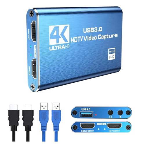 4K Audio Blue Video Capture Card - Supports 4K HDMI Input & 1080P Full HD 60fps Recording for Gameplay, Live Streaming, and Video Conferencing(Includes HDMI Cable). - color: blue