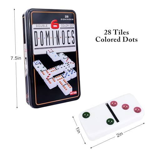 Offelec Double Six Dominoes Set | 28 Domino Tiles Double 6 Dominos with Storage Tin | Classic Family Game for Kids & Adults | Ideal for Travel, Game Nights & Educational Fun | 2-4 Players - color: Double 6 Dominoes