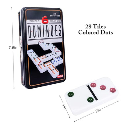 Offelec Double Six Dominoes Set | 28 Domino Tiles Double 6 Dominos with Storage Tin | Classic Family Game for Kids & Adults | Ideal for Travel, Game Nights & Educational Fun | 2-4 Players - color: Double 6 Dominoes
