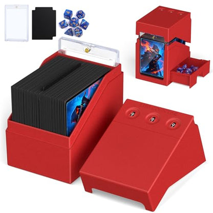 Proijeut Mtg Deck Box with Life Counter, Commander Deck Box Fits 100 Double-Sleeved Cards, Magic Card Storage Box with Commander Display & Dice Tray, Fit for MTG, TCG, CCG (Red) - color: Red