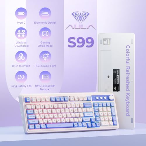 AULA 99 Key Purple Keyboard, Wireless Gaming Keyboard with Number Pad | RGB Backlit,Programmable,Creamy Sounding,Tri-Mode BT/2.4GHz/USB-C,2000mAh Membrane Keyboard,Thocky Computer Keyboards - color: Purple-Beige