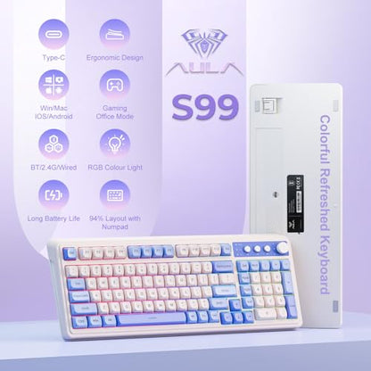 AULA 99 Key Purple Keyboard, Wireless Gaming Keyboard with Number Pad | RGB Backlit,Programmable,Creamy Sounding,Tri-Mode BT/2.4GHz/USB-C,2000mAh Membrane Keyboard,Thocky Computer Keyboards - color: Purple-Beige