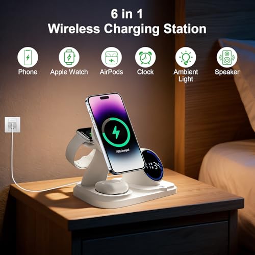 6-in-1 Wireless Charging Station with Bluetooth Speaker,Digital Clock and Ambient Lights,Fast Wireless Charger for Multiple Devices for Apple - iPhone 17 16 15 14 13 12 Pro Max Apple Watch Airpods