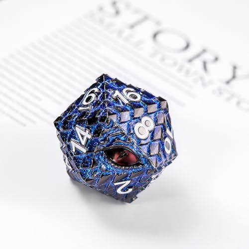 1 die Metal D20 DND Dice - Dragon Scale Metallic 20 Sided Giant Polyhedral Dice,35mm Large Dragon Eye Metal D&D Dice for Dungeons and Dragon Tabletop Game(Blue Glitter Dragon Scale) - color: Blue Glitter Dragon Scale