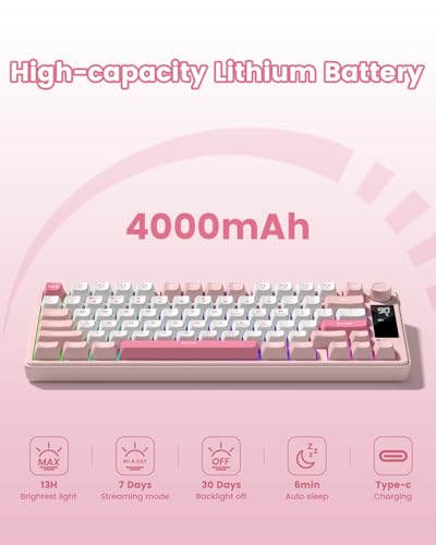 Womier DK75 75% Wireless Gaming Keyboard, RGB Backlit Creamy Keyboard with Media Knob, OLED Screen, Tri-Mode 2.4GHz/USB-C/BT5.0, Anti-Ghosting No-Conflict Silent Membrane Keyboard for MAC Windows - color: Pink