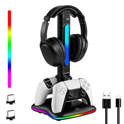 PS5 Controller Charger with RGB Headphone Stand, PS5 Controller Charging Station with 2 USB Port, Headset and Controllers Stand Holder for PlayStation 5, Gaming Gifts for Gamers Men - size: Dual Charger for PS5