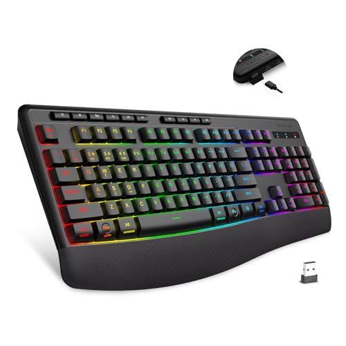 E-YOOSO Wireless Bluethooth Silent Backlit Gaming Keyboard,Tri-Mode BT5.0/2.4GHz/Wired,8 RGB Light up,Ergonomic,USB C Rechargeable,for Typing/Office/Home/PC Computer/Mac/Laptop/IPad/Xbox/PS5