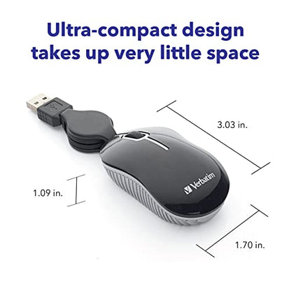 Verbatim Wired Optical Computer Mini USB-A Mouse - Plug & Play Corded Small Travel Mouse with Retractable Cable – Black 98113 - color: BLACK