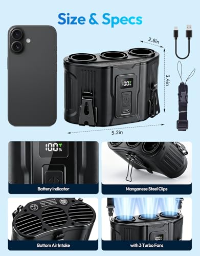 Portable Waist Fan with 3 Turbo Fans, 12000mAh Rechargeable Wearable Belt Fan, Shirt Fan Strong Airflow Fast Cooling, Hands Free Clip Fan for Outdoor Jobsite Construction Farm, Black - color: Black