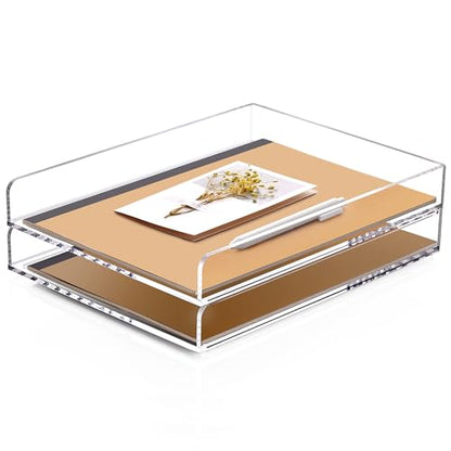 SANRUI 2 Tier Acrylic Stackable Paper Letter Tray, Vertical A4 File Desk Organizer and Accessories Sorter Tray, Clear Workspace Office Supplies Organizers, 12inx9.25inx3.42in - style: Vertical Thin 2 Tier Trays