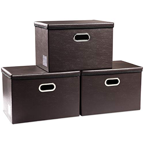 PRANDOM Large Foldable Storage Bins with Lids [3-Pack] Leather Fabric Collapsible Storage Boxes Organizer Containers Baskets Cube with Cover for Home Bedroom Closet Office Brown(17.7x11.8x11.8) - color: Brown, size: Large(3-Pack)
