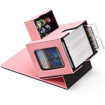 MTG Commander Deck Box with Dual Display Windows and Dice Tray | Fits 100 Double-Sleeved Cards, PU Leather, 2 Magnetic Card Holders, 2 Dividers, Pink & Black - color: 1. Pink & Black