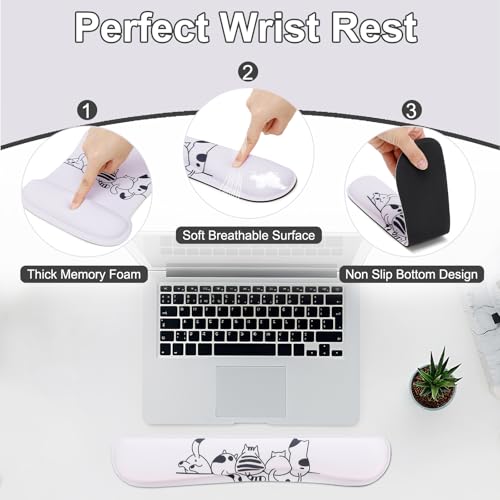 MEGREZ 4-in-1 Mouse Pad with Wrist Rest Ergonomic Memory Foam Desk Mat Set | ergonomic, anti-slip base, 4pcs set, desk pad, mouse wrist rest, keyboard rest, coaster, ideal for office & gaming - color: Beige