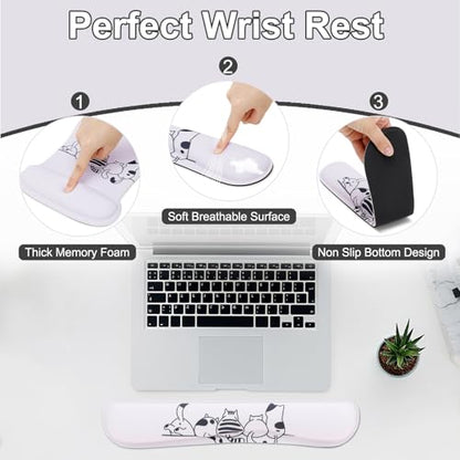 MEGREZ 4-in-1 Mouse Pad with Wrist Rest Ergonomic Memory Foam Desk Mat Set | ergonomic, anti-slip base, 4pcs set, desk pad, mouse wrist rest, keyboard rest, coaster, ideal for office & gaming - color: Beige