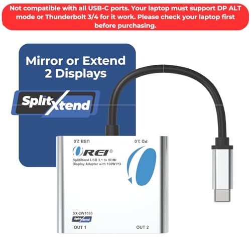 OREI SplitExtend HDMI Splitter Extended Display for Windows Only Dual Monitor - Multi-Monitor Display 3 Separate Screens - USB-C Adapter to HDMI 2.0, 4K@30Hz Outputs - 100W PD and USB 2.0 Input | OREI SplitExtend HDMI Splitter Extended Display for Windows