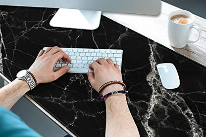 XXL Waterproof Office Desk Pad Protector 35.4x15.7 Inch - Extended Gaming Mouse Pad with Non-Slip Rubber Base, Thickened Keyboard Mat, Stitched Edges & Black White Marble Design - color: Black White