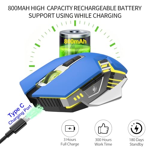 Bluetooth Wireless Gaming Mouse, RGB Rechargeable USB Wireless Mouse, Quiet Click, LED Backlit, Ergonomic, with Side Button, DPI Adjustable Computer Mice for Laptop PC MacBook Chromebook - Blue - color: blue