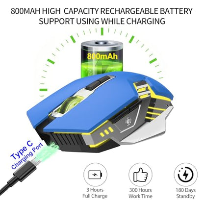 Bluetooth Wireless Gaming Mouse, RGB Rechargeable USB Wireless Mouse, Quiet Click, LED Backlit, Ergonomic, with Side Button, DPI Adjustable Computer Mice for Laptop PC MacBook Chromebook - Blue - color: blue