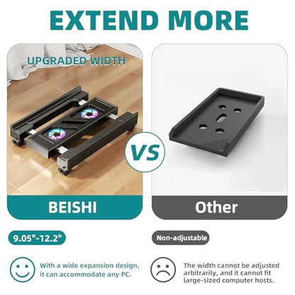 CABTE Adjustable CPU Holder with Cooling Fan and RGB Light | Mobile CPU Holder with 4 Rolling Casters, Under Desk Computer Tower Stand PC Floor Cart PC Riser for Office, Home (With Fan) - color: With Fan