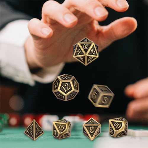 Metal Dice Set, 7pcs Polyhedral Metal DND Dice Set, DND Starter Set, D&D Gifts with Gift Bag, Role Playing Board Games Accessories, Bronze - color: Bronze + Gift Bag