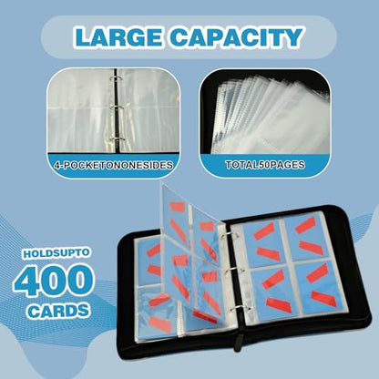 Card Binder 4 Pocket, Small Trading Card Binder holds 400 Card with 50 Removable Sleeves, Favourites Waterproof PU Album with Zipper for TCG, MTG, Gaming Football Sports Cards, Blue - color: Blue