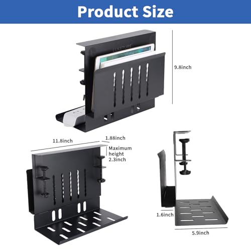 LUKETURE Desk Side Storage, Under Desk Laptop Mount with Cable Tray | 2-in-1 Steel laptop mount clamps to desk side, no drilling. Built-in cable tray hides cords. Holds 30 lbs, Office and Home