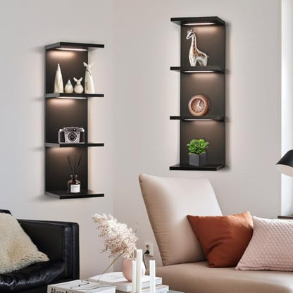 4 Tier LED Wall Shelf, Black | Modern Floating Shelves for Makeup Vanity, Bedroom,Living Room ,Easy Install Cosmetic & Display Lack - color: 4l-black