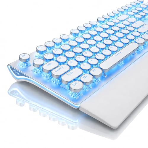 RK ROYAL KLUDGE S108 Typewriter Mechanical Keyboard, Retro Wired Gaming Keyboard with Number Pad and Detachable Wrist Rest, 108 Keys Full Size PC Game Keyboards, Clicky Blue Switch, Blue Backlit White - color: white blue backlit, size: blue switch