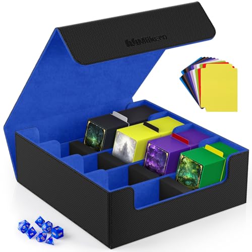Mlikero Trading Card Storage Box, Bulk Card Storage for 2400+ Sleeved Cards, PU Leather Magnetic Closure Card Organizer with 10 Dividers & 4 Foam Stoppers, Fit for MTG, TCG and Sports Cards (Blue) - color: A3-Blue, size: A-4 Row