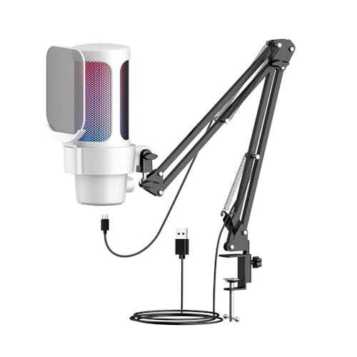 Professional USB Gaming Microphone with RGB Lighting Cardioid Pickup Quick Mute Gain Knob Boom Arm Stand for PC Gaming Live Streaming Video Recording Plug Play Compatible (White) - color: White