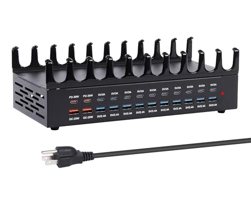 24 Ports 420W Charging Station for Multiple Devices, Iron Alloy USB Charger | with 30W Power Delivery, Multi Fast Charger Dock for Phone Tablet, Home, Office, School